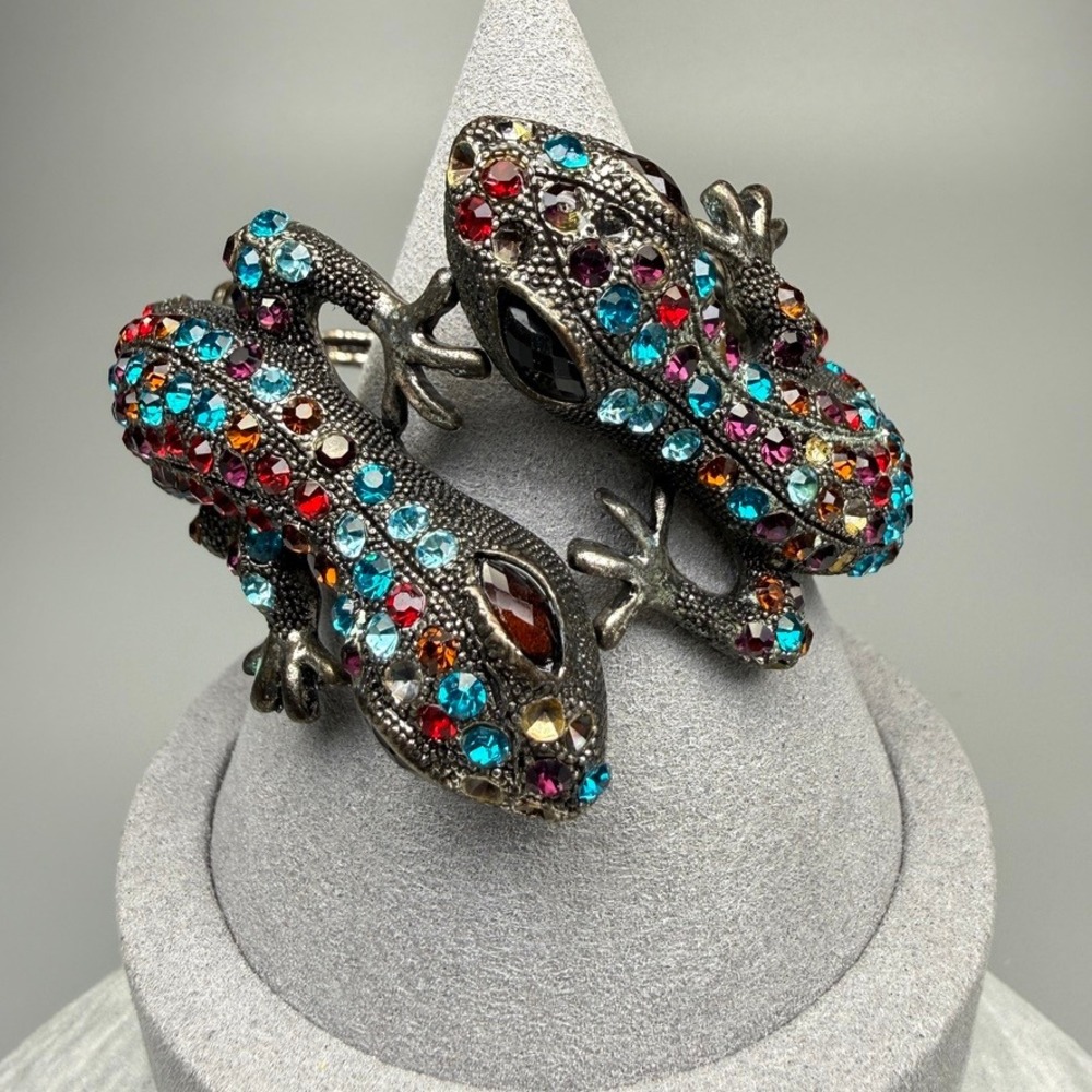 Vintage Lizard Hinged Cuff Bracelet Silver Tone Multicolor Whimsical‎ 6.5"